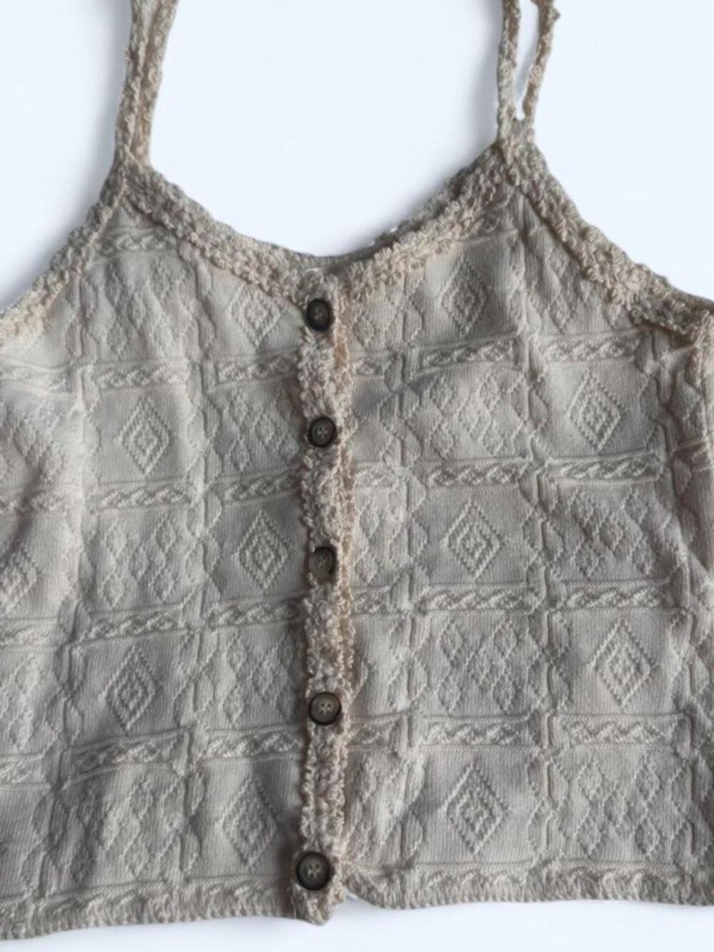 Cristina 100% Cotton Crochet Trim Boho Tank Top Cream Textured Size S